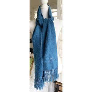Alpaca Camargo Scarf‎ Unisex Blue Fringe White Embroidered Logo Winter 72 x 9"